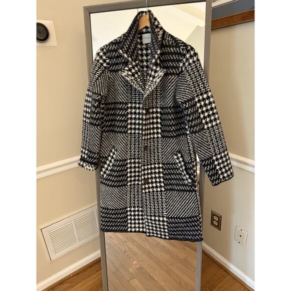 Cyrus Black White Houndstooth Long Coat Check Pattern Midweight Jacket Women’s L - Picture 1 of 2